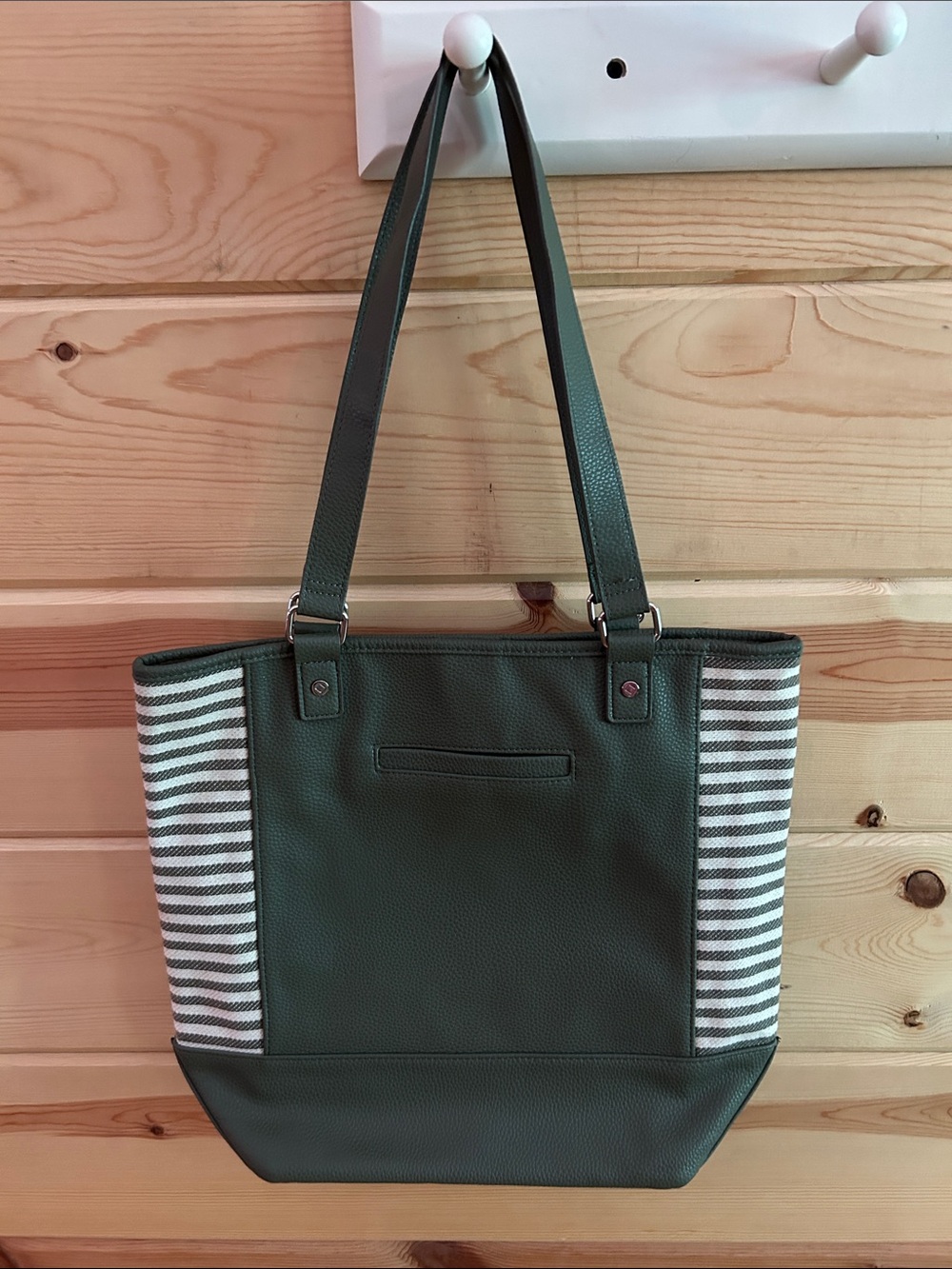 Olive Green Striped Panel Tote Bag, Jewell by thirty-one Bags